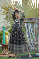 Black Cambric Floral Print Anarkali Kurta Dress With Mask